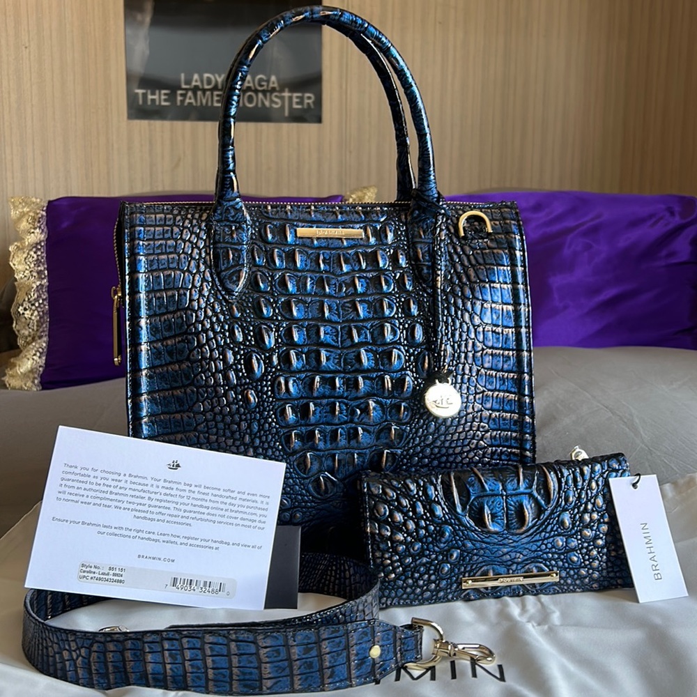 Brahmin Caroline Lazuli Blue Gold Leather Satchel and Ady Wallet . NWT - HTF